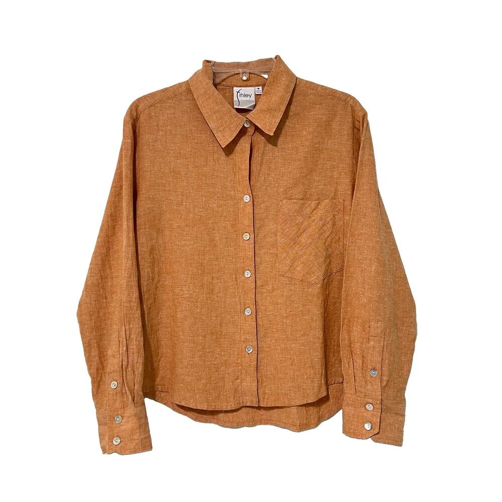 Finley Women Button Down Shirt M Sherbet Orange Hemp Cotton Blend Made in USA